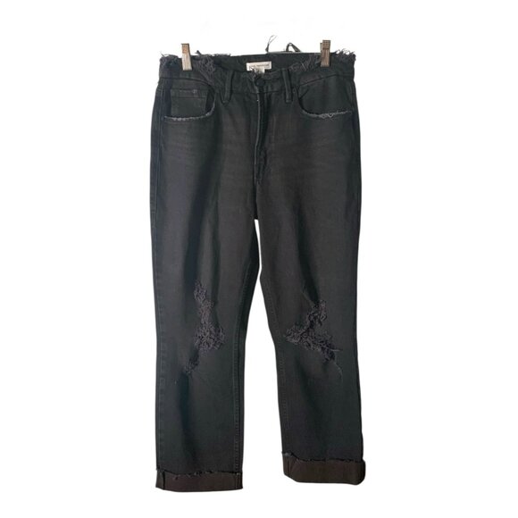 GOOD AMERICAN Washed Black Distressed Hi-Rise Straight Leg Raw Hem Cuff Jean 28 - Picture 1 of 6